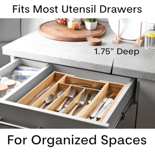 HIC Kitchen Expandable 6-Slot Silverware Cutlery Utensil Storage Tray, Natural Bamboo, Opens to 14-Inches - style: Silverware Tray