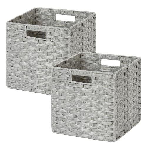 DULLEMELO Wicker Storage Cubes for Organizing 11x11x11 Inch Woven Storage Basket with Liner, Set of 2 Cube Storage Baskets for Shelves, Laundry Basket with Handles, Light Grey - color: Light Grey, size: 11in-2 pack