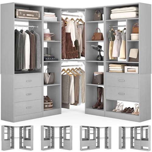 Besiost Corner Closet System with 5 Drawers, Closet Organizer System with 15+Shelvess & 4 Hanging Rods, 63.2"L * 63.2"W / 87.2"L * 39.2"W Reversible L Shaped Walk-in Closets, Load 2500+LBS, Grey - color: Grey, size: 63.2" * 63.2"