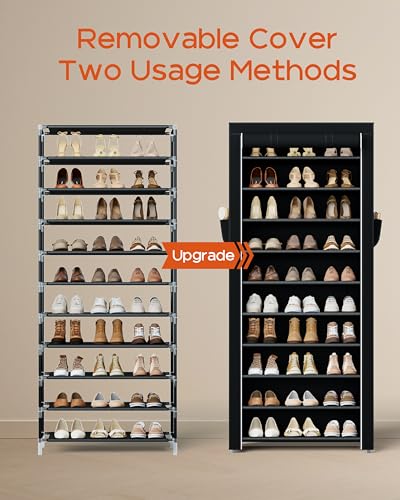 CASAMAYA Shoe Rack with Covers, 10 Tiers Tall Shoe Rack Organizer, Large Capacity Shoe Shelf Storage, Hold 30 Pairs of Shoes, Vertical Shoe Storage Organizer for Closet, Entryway, Black, SRT103B01 - size: 24.8"W - 10 Tier
