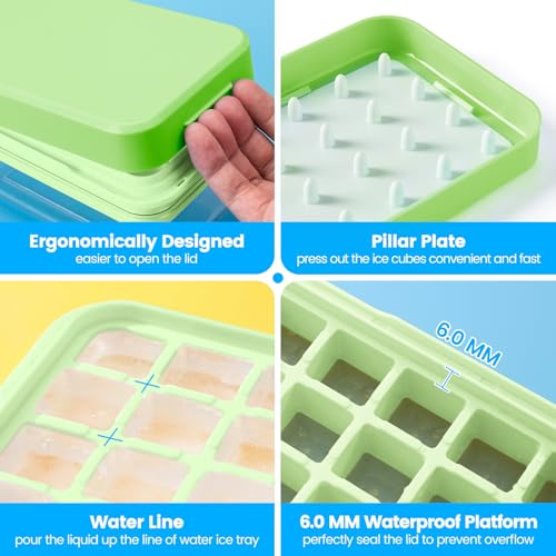 PHINOX Ice Cube Tray With Lid and Bin, Ice Trays for Freezer, Flexible Ice Cube Trays, Making 56 pcs Ice Cubes, Chilling Cocktail, Whiskey, Coffee, with 2 trays, Ice Container, Scoop&Cover, BPA Free - color: Green, size: 0.8"-2tier