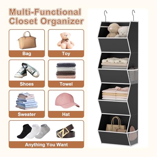 Hanging Closet Organizer 4 Shelf Collapsible Bedroom Closet Organizers and Storage Hanging with Mesh Pocket for Clothes, Closet Hanging Organizers and Storage for Fabric Wardrobe Space Saver, Black - color: Black-1 Pack, size: 4-shelf