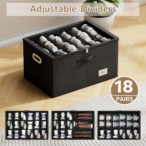 Shoe Organizer for Closet, Shoe Box Storage Containers Fit 18 Pairs Foldable Shoe Storage Bins with Clear Cover & Adjustable Dividers for Shoes Blankets Linen Clothing (Black, (24.4*16.5*12.9)x1) - color: Black, size: (24.4*16.5*12.9)x1