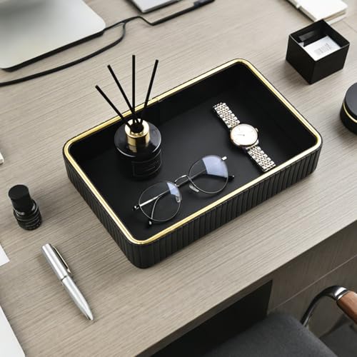 PU Leather Valet Tray,Desk Organizer Tray Nightstand Organizer Trinket Dish Storage Key Bowl Decorative Trays for Phone Wallet Jewelry Watch,Bathroom Bedroom Perfume Vanity Trays,Black - color: Black