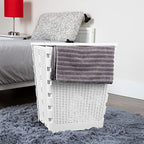 Mind Reader 61L Foldable Laundry Hamper, Clothes Basket, Lid, Wicker Design, Plastic, 18"L x 14.5"W x 21.25"H, White - color: White