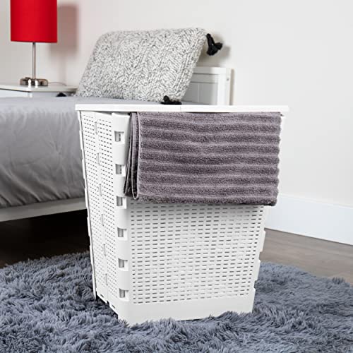 Mind Reader 61L Foldable Laundry Hamper, Clothes Basket, Lid, Wicker Design, Plastic, 18"L x 14.5"W x 21.25"H, White - color: White