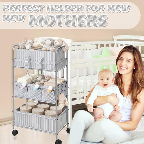 WILLBOND 2 in 1 Baby Diaper Caddy Organizer Cart, 3 Tier Large Stripe Bedside Rolling Cart Metal for Baby Essential with Divider for Newborn Registry Must Have Nursery Bedroom Mother Gift(Gray) - color: Gray