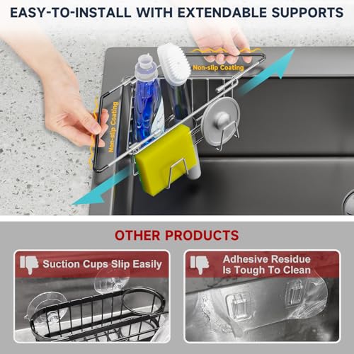 NiHome Extendable Arm Stainless Steel Kitchen Sink Corner Caddy, Easy Install Space-Saving Adjustable Sponge Holder, Non-Slip Rust-Resistant for Brushes, Soap, Sponges (Silver) - color: Silver