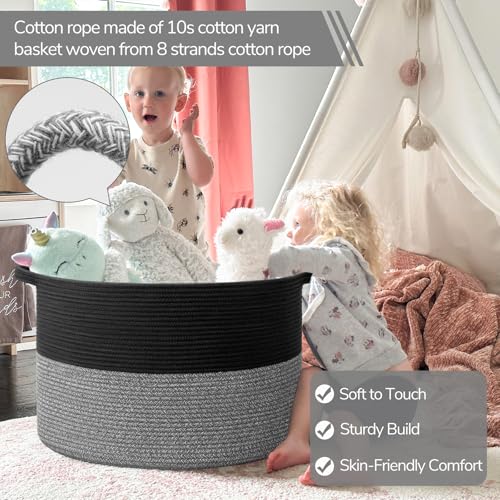 INDRESSME XXXLarge Cotton Rope Basket Woven Baby Laundry Baskets Blanket Baskets Toy Basket with Handle Comforter Cushions Storage Bin Thread Laundry Hamper - 21.7" x 21.7" x 13.8" - color: Black & Grey, size: 21.7"D x 13.8"H