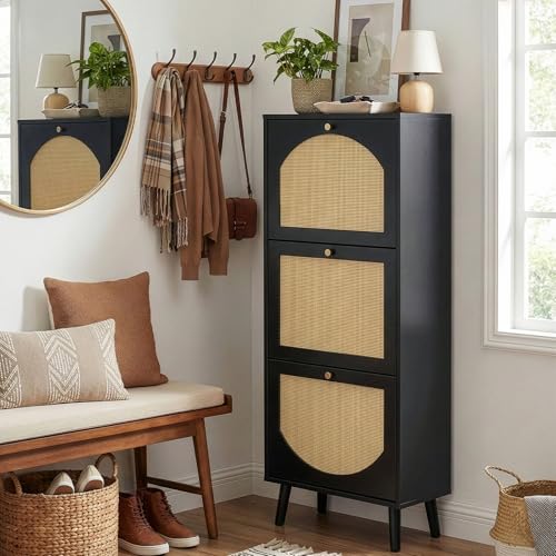 Karl home Shoe Rack Storage Organizer, Rattan-Panel 3-Tilt-Out Shoe Storage Cabinet, Hidden Shoe Storage for Entryway,Ideal for Heels,Slippers,Casual Shoes,Black - color: Black, size: 3-Tilt-Out