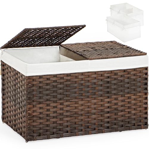 SETVSON Storage Basket with Lid Rattan Storage Basket with 2 Separate Lid, 27.8 Gallon (105 L) 25.2 * 15.4 * 16.1 Inches Woven Wicker Baskets with 2 Liners and Handles for Bedroom Laundry-Brown - color: Brown, size: 105L-25.2L*15.4W*16.1H