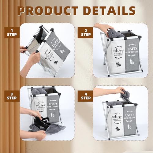 Wonderjune Foldable Disposable Shoe Cover Box Dispenser Fabric Storage Bin Holder with Used Shoe Covers and Welcome Please or Remove Sign for Open House Supplies(Gray, Beige) - color: Gray, Beige
