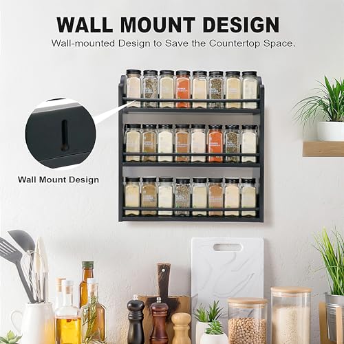 3 Tier Bamboo Spice Rack, Spice Rack Organizer, Seasoning Jars Rack Shelf Spice Organizer for Kitchen Counter or Wall Mounting, Spice Storage Holder with handles, Jars Not Included, Black - color: Black with Handles
