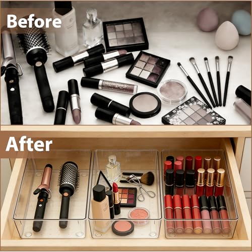 7Pack Desk Drawer Organizers, 6"*9" makeup acrylic drawer organizer trays for vanity, bathroom, office, nightstand, junk for kitchen drawer, Versatile plastic drawer divider storage bins