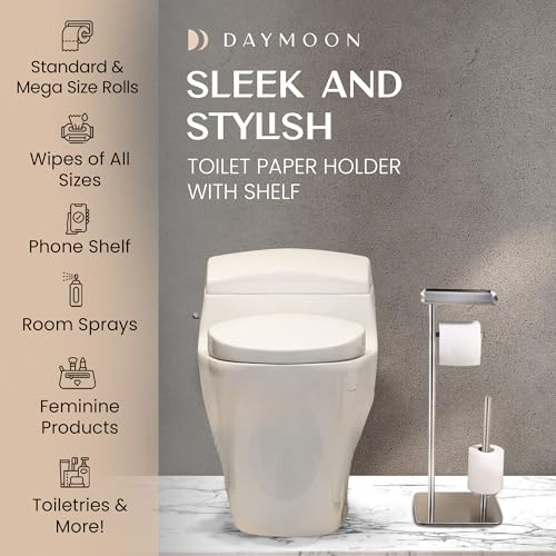 Day Moon™ - Toilet Paper Holder - Modern Roll Holder for Bathroom - 1 Pack - Free Standing - with Shelf, Brushed Nickel - color: Brushed Nickel, size: Free Standing 1 Pack