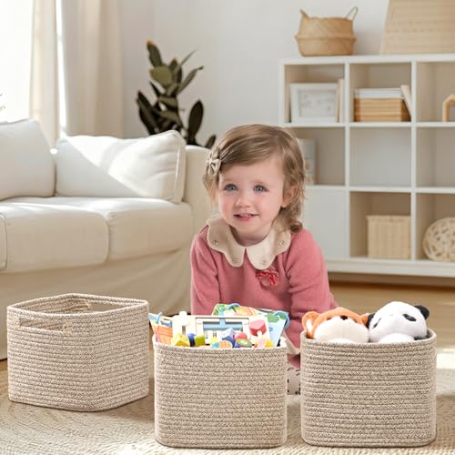 3 Pack Cube Storage Bin, 9”x9”x7” Cotton Rope Woven Baskets for Organizing Toys Clothes Towels, Square Gift Storage Baskets for Shelves, Nursery, Closet, Bathroom, Pantry (Jute) - color: Jute, size: 9" x 9" x 7"