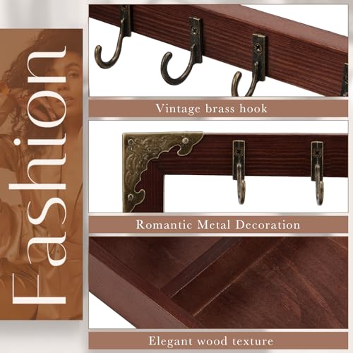 Wonderjune Key Tray for Entryway Table, with 5 Metal Hooks and Wood Base, Vintage Wood Key Tray Stand Holder for Keychain Jewelry Catchall Necklace Jewelry Ring Organizer, 11.8 x 11 x 5.91 Inch