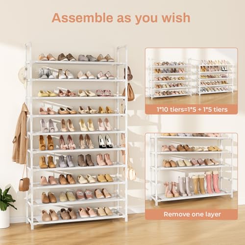 LANTEFUL Tall Shoe Rack 10 Tier Shoe Organizer Large Shoe Shelf with 18 Hooks Storage for 50 Pair Sneaker and Boot, Stackable Vertical Shoe Rack Organizer for Closet, Entryway, Bedroom, White - color: White, size: 10 Tier-68" High-34" Wide