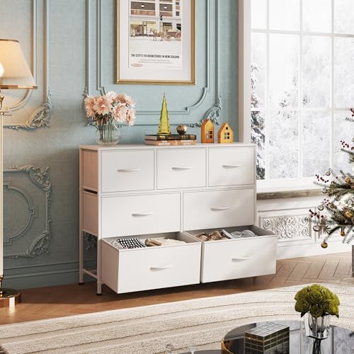 WLIVE 7 Drawer Dresser TV Stand, Dressers for Bedroom, Fabric Storage Tower, Hallway, Entryway, Closets, Sturdy Steel Frame, Wood Top, Easy Pull Handle, White - color: White
