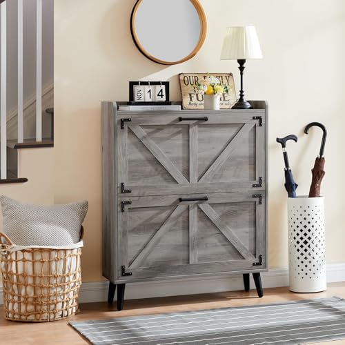 Barnyatoh Shoe Storage Cabinet with 2 Flip Drawers, Farmhouse Hidden Shoe Organizer, Narrow Slim Shoe Rack Cabinet for Entryway Hallway,Washed Gray - color: Washed Gray