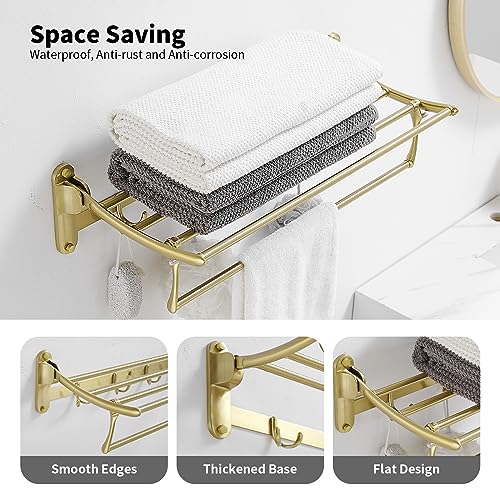BESy 24 Inch Brushed Gold Towel Racks, Bathroom Towel Shelf with Foldable Towel Bar Holder and Towel Hooks, Wall Mounted Multifunctional Bathroom Accessories, Double Towel Bars - color: Brushed Gold