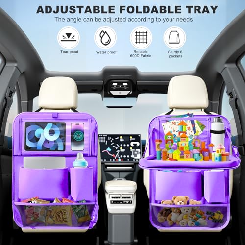 2Pack Car Backseat Organizer with Foldable Table Tray,6 Storage Pockets Car Storage Organizer with Tablet Holder,Car Seat Back Protectors Kick Mats Travel Accessories (Purple) - color: Purple, size: 2 Pack with Food Tray