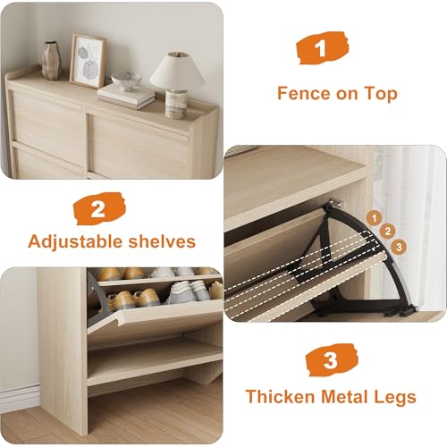 GarveeHome Shoe Cabinet with 4 Flip Drawers, Wooden Shoe Organizer Cabinet with Adjustable Shelf, Shoe Storage for Entryway, Hidden Shoe Cabinet for Hallway, Living Room, Natural Oak - color: Natural Oak, size: 4-Drawers