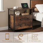 Edbuosy 27 inch Wide Night Stand Set 2 with Charging Station, Bedside Table with Open Shelf, 2 Drawers Small Wood Dresser, Modern Wood Nightstand for Bedroom/Living Room (Retro Brown) - color: 2 Pack, Retro Brown, size: 2 Drawers