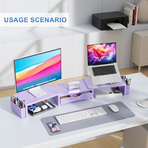 gianotter Dual Monitor Stand Riser, Desk Organizer With Drawer and 2 Pen Holders, Desk Organizers and Accessories, Purple Office Decor (Purple) - color: Purple