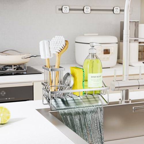 SWTYMIKI Sink Caddy Sponge Holder - Kitchen Sink Organizer with Stainless Steel Self Drain Tray & High Brush Holder for Countertop to Hold Dish Soaps and Sponges, Stainless Steel, Silver - color: Silver-Slope Drain, size: Medium