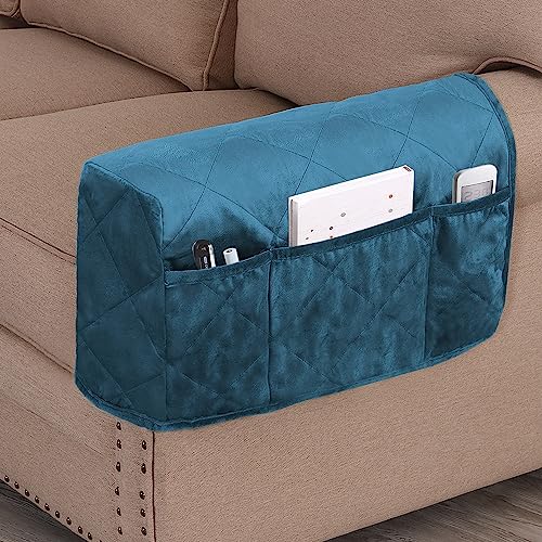 Non-Slip Sofa Armrest Protector,Thick Velvet Armrest Covers for Chairs and Sofas Couch with Side Pocket,Armrest Storage Organizer,Washable Arm Covers for Dogs，Set of 2 (Peacock Blue) - color: Peacock Blue