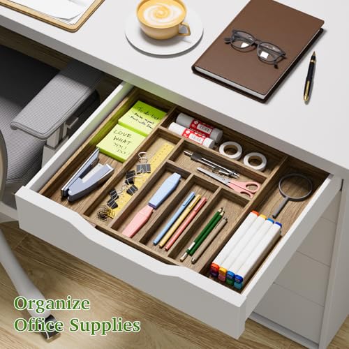 Kiasthome Acacia Wood Kitchen Silverware Drawer Organizer, Expandable Utensil Cutlery Drawer Organizer with Dividers, Flatware Organizer Silverware Tray for Spoon, Fork, 13''-21''x16.9'' (6-8 Slots) - size: 8 Slots Expandable
