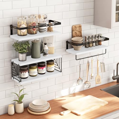 Fixwal Wall Mounted Bathroom Shelves Over Toilet, Rustic Wood Floating Shelves with Metal Frame and Towel Bar for Bathroom, Kitchen, Bedroom, Living Room (White) - color: 4-white