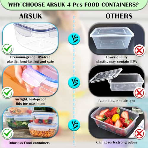 ARSUK Food Storage Containers with Airtight Lids - Reusable Plastic Containers Sets - BPA-Free Stackable Kitchen Storage for Meal Prep & Snacks - Microwavable & Dishwasher Safe (4 PCS) - color: 4 PCS