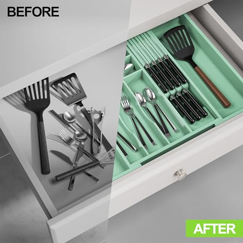 Bamboo Kitchen Drawer Organizer, Expandable Silverware Organizer with Removable Knife Block, 6-8 Slots- Utensil Holder & Cutlery Tray Drawer Dividers, 2.36" Deep for Extra Capacity, Cyan - color: Cyan