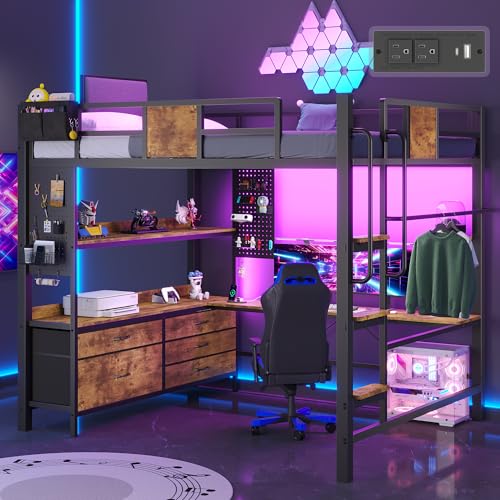 Dnxao Full Loft Bed with Desk and 5 Storage Drawers, 800lb Capacity Heavy Duty Metal Bed Frame for Adults & Teens, LED Lights, Charging Station, Pegboard & Shelves, Rustic Brown | Clothes Rack - color: Rustic Brown, size: Full loft bed with 5 drawer