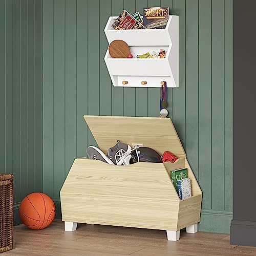 RiverRidge Kids Catch-All Collection Toy Box with Side Book Shelves Child-Safe Toy Storage Organizer with Childrens Bookshelf Side Slots for Kids Game and Book Storage - Light Woodgrain - color: Light Woodgrain