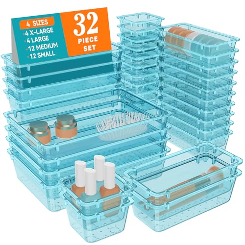 WOWBOX 32 PCS Plastic Drawer Organizer Set, 4 Sizes Desk Drawer Organization and Storage Containers for Makeup, Cosmetics, Jewelry and Gadgets in Kitchen, Bathroom, Bedroom, Office, Clear Sea Blue - color: Sea Blue, size: 32 PCS