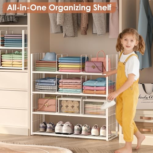 Hongtamoya Stackable Closet Storage Shelf, Adjustable Divider Clothes Shelves Organizer for Jeans Pant Shirt Sweater Bag Purse Shoe, Clothing Shelving Rack for Bedroom RV Wardrobe Closet System-White