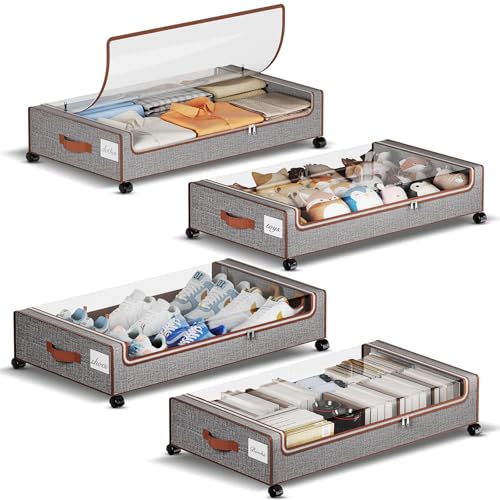 Yecaye Under Bed Storage with Wheels, 4 Pack Under the Bed Storage Containers with Lids & Label, XXL 60L Rolling Underbed Storage Drawers for Clothes, Blankets, Shoes - color: Greige, size: 4 Pack