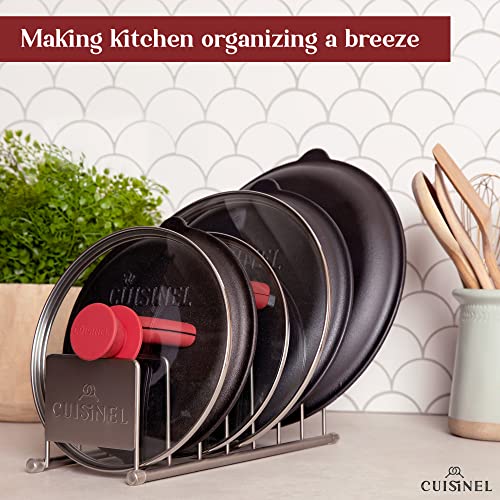 Cuisinel Lid and Dish Organizer Rack - Satin Nickel Silver Kitchen Storage Organization Stand - Plate Holder, Pan/Pot Covers, Cutting Board and Cookie Sheet Divider - 7-Tier Cabinet/Counter Display - color: Satin Nickel, size: Lid Rack