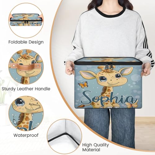 Custom Storage Basket with Name, Personalized Storage Bins with Zipper Lid, Foldable Fabric Storage Box Large capacity with Handle Butterfly Giraffe - color: Option 21