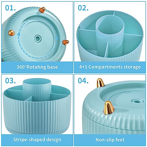 Marbrasse Desk Organizer, 360-Degree Rotating Pen Holder, Desk Organizers and Accessories with 5 Compartments Pencil Holder, Art Supply Storage Box Caddy for Office, Home（Light Blue） - color: Light Blue