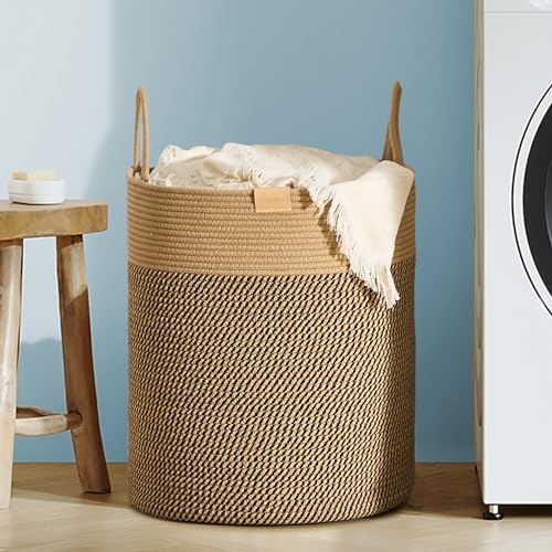 Nunsino Laundry Hamper 62L,Large Laundry Basket for Clothes,Decorative Storage Basket for Blankets,Cotton Rope Woven basket for bedroom,Dark Brown - color: Dark&Brown, size: 62L/16.3Gal