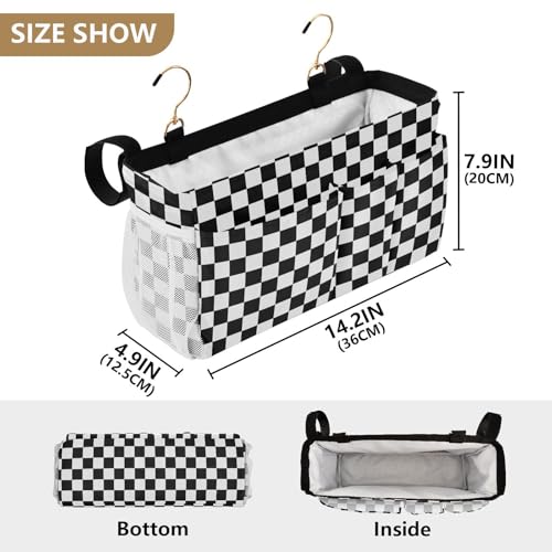 Black White Checkerboard Print Bedside Caddy Storage Bag Bedside Organizer for Bunk Bed Headboards College Organizer Caddy Hanging Shelf 6 Pockets with Hooks for Drinks Magazine Phone Holder - color: Checkerboard Black White