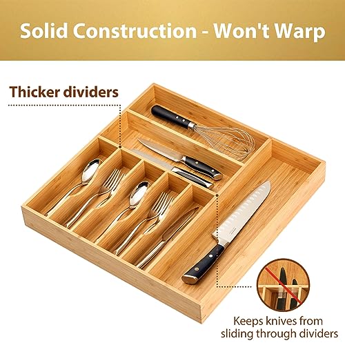 Umilife Large Kitchen Drawer Organizer, 19"x20" Silverware Utensils Organizer, 2.5" High for Large Deep Drawers, Bamboo Flatware Holder with Thick Frames, Sturdy Kitchen Organization Tray - size: 19 x 20 inch (8 Slots)