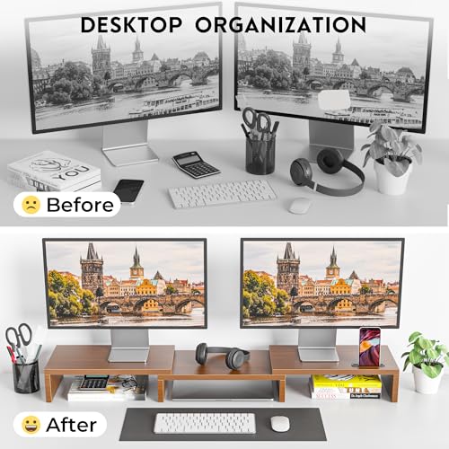 BONTEC Dual Monitor Stand Riser with Smartphone Holder, Adjustable Length & Swivel Angle, Ergonomic Wooden Desktop Organizer for PC Monitor, Laptop, Printer, Large Storage, Walnut - color: Walnut