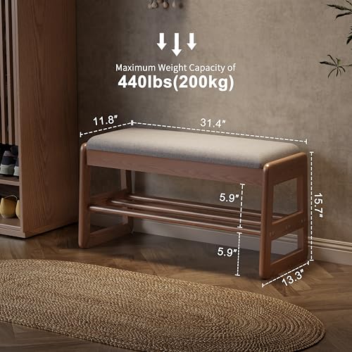 AQIMUELE Shoe Rack Bench,2 Tiers Shoe Bench with Storage with Flip-Top,Wood Shoe Rack for Entryway,Hallway（Walnut Upholstered Seat,11.8" D x 31.5" W x 15.7" H） - color: Walnut Upholstered Seat, size: 11.8"D x 31.5"W x 15.7"H