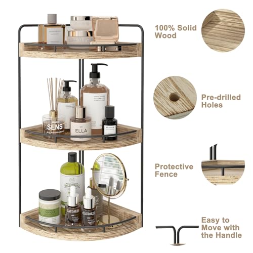 Fixwal Bathroom Counter Organizer, 3 Tier Rustic Bathroom Shelves Corner Organizer, Wood Countertop Storage Tray for Vanity, Kitchen, Bedroom (Light Brown) - color: Light Brown
