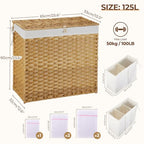 Greenstell Laundry Hamper with Lid, 125L Wicker Laundry Baskets with 2 Removable Liner Bags & 5 Mesh Laundry Bags, Handwoven Rattan Clothes Hamper with Handles for Clothes in Bathroom, Bedroom - color: Light Natural